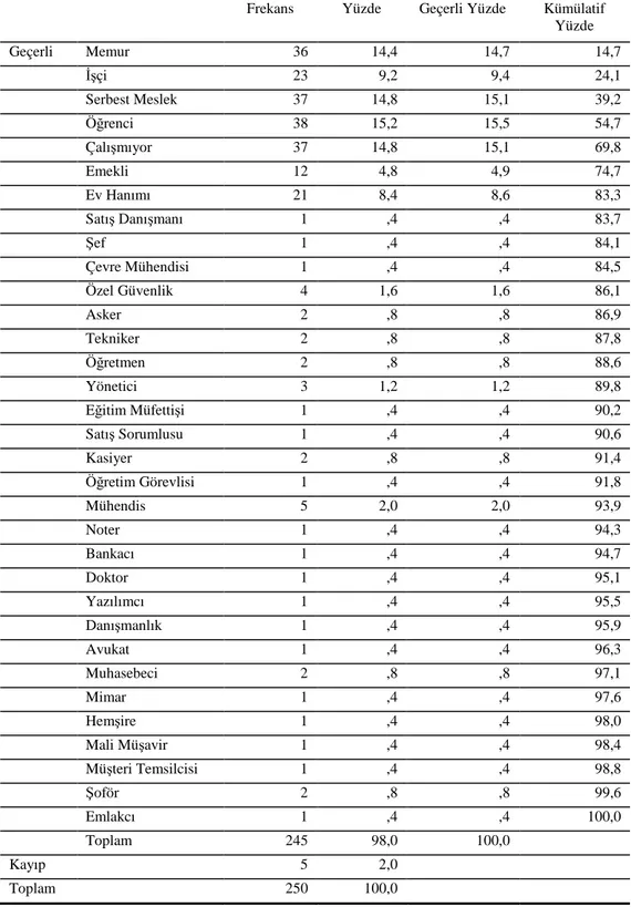 Tablo 7. Meslek Dağılımı 