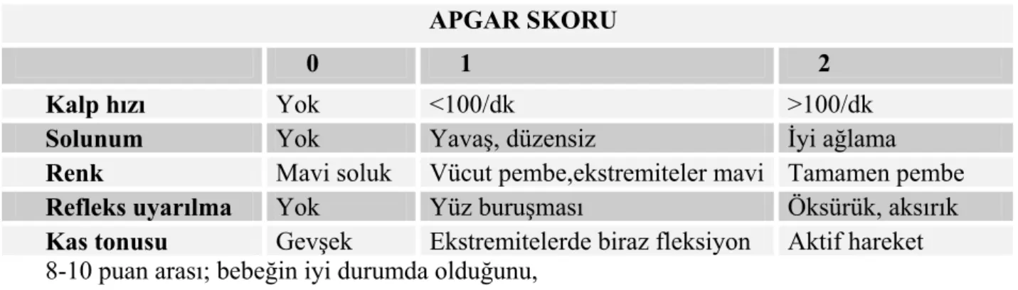 Tablo 3. APGAR skoru değerlendirmesi 