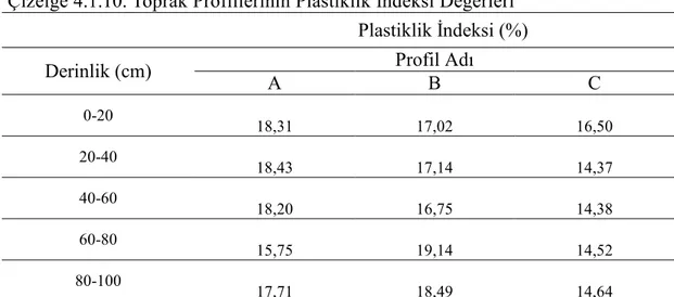 Çizelge 4.1.10. Toprak Profillerinin Plastiklik Đndeksi Değerleri   