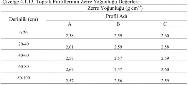 Çizelge 4.1.13. Toprak Profillerinin Zerre Yoğunluğu Değerleri                                    Zerre Yoğunluğu (g cm -3 ) 