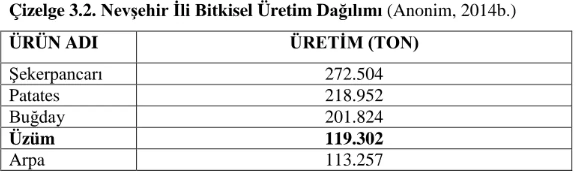 Çizelge 3.1. Nev şehir İli Tarım Alanlarını (Anonim, 2014b.) 