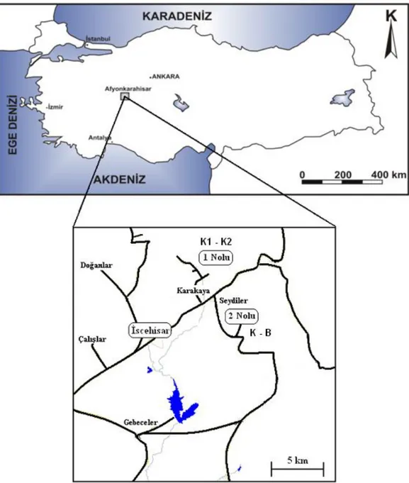 ġekil 3.1. Afyonkarahisar-Ġscehisar yöresinde Ġyigün Firması ve Kanatoğlu Firmalarına ait volkanik  kayaç ocaklarının lokasyonları 