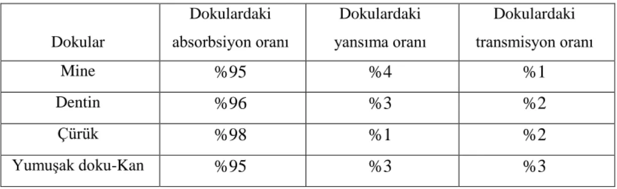 Çizelge 1.3. Er:YAG Lazerin Doku EtkileĢim Oranları (Meister 2007). 