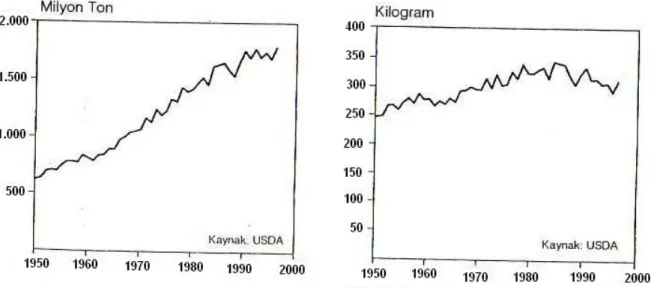 Şekil 6.1: Dünya Tahıl Üretimi (1950- 96) ve Kişi Başına Düşen Tahıl Üretimi   (1950-96) (Brown, 1997) 