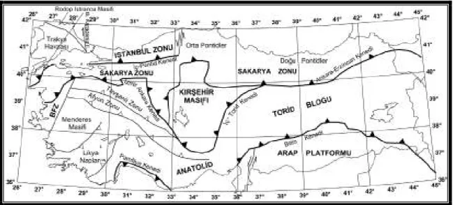 Şekil 1.3. Türkiye’nin yapısal birliklerini ve kenet sınırlarını gösteren harita (Arslan ve ark., 2010 MTA  dergisi, 140, 57-73) 