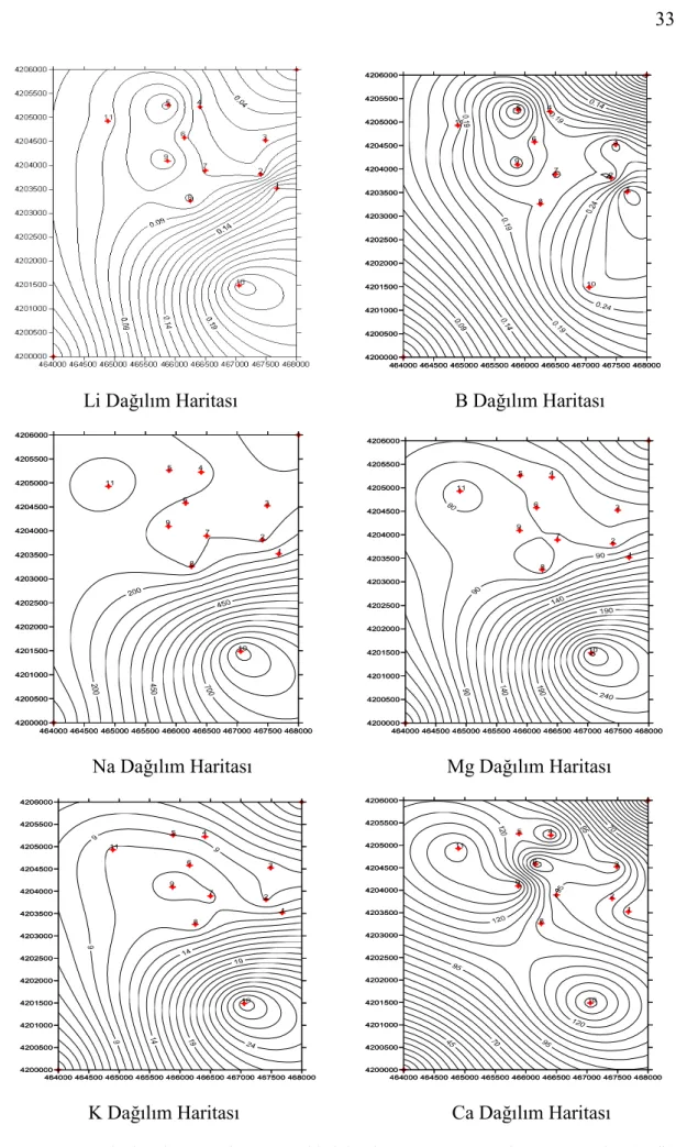 Şekil 4.2. Kuyulardan alınan yeraltısuyu örneklerinin Li, B, Na, Mg, K, Ca konsantrasyonları (mg/lt)  dağılım haritaları (08.2010) 