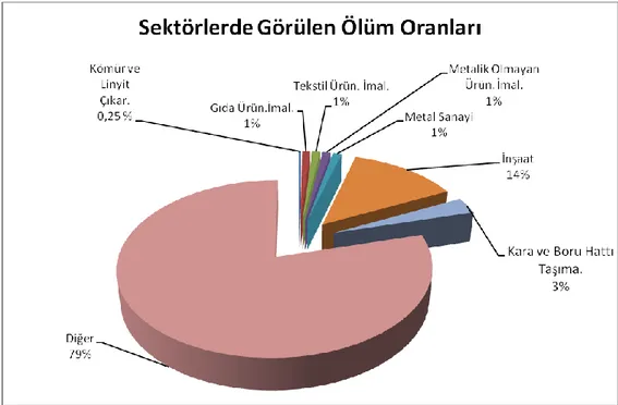 ġekil 5.3. 2009 yılı istatistiklerine göre gerçekleĢmiĢ ölümlerin sektörlere göre dağılımı (SGK, 2010) 