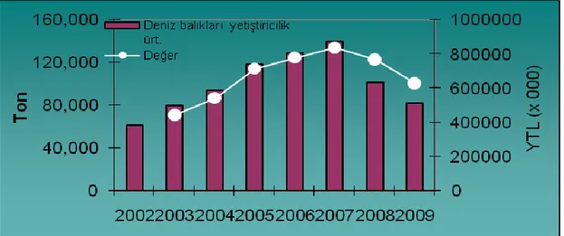 ġekil 4.9. Türkiye‘nin yetiĢtiricilik yoluyla deniz balıkları üretimi (Anonim 2009b) 