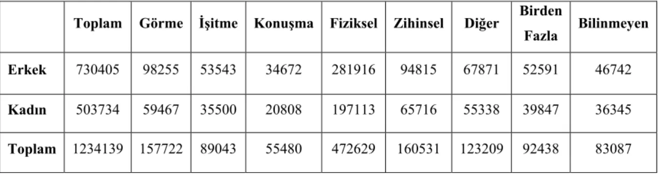 Tablo 2: Devlet İstatistik Enstitüsü 2002 genel nüfus sayımına göre, Türkiye’deki  Özürlü Gruplarının Cinsiyete Göre Dağılımı (Artar ve  Karabacakoğlu, 2003)