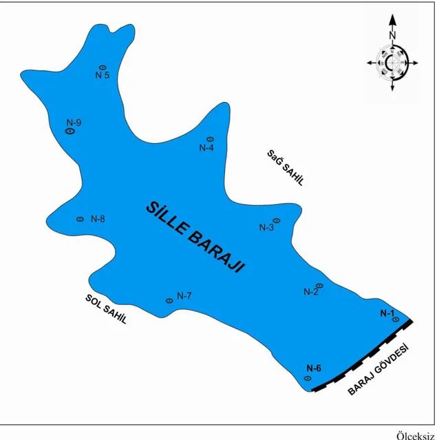 Şekil  3.1.  Sille  Barajı  (Konya)  ve  çevresinde  su  numunelerinin  alındığı  noktaları  gösteren  lokasyon  haritası