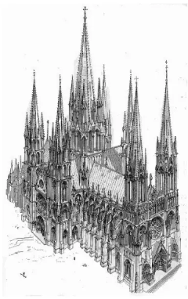 Şekil 2.40. Notre Dame Kilisesi mevcut durum.          Şekil 2. 41. Notre Dame Kilisesi için Viollet le Duc’ün  Paris, Fransa (Korumaz, 2005)                                      restorasyon önerisi perspektifi (Anonymous 2011J) 13