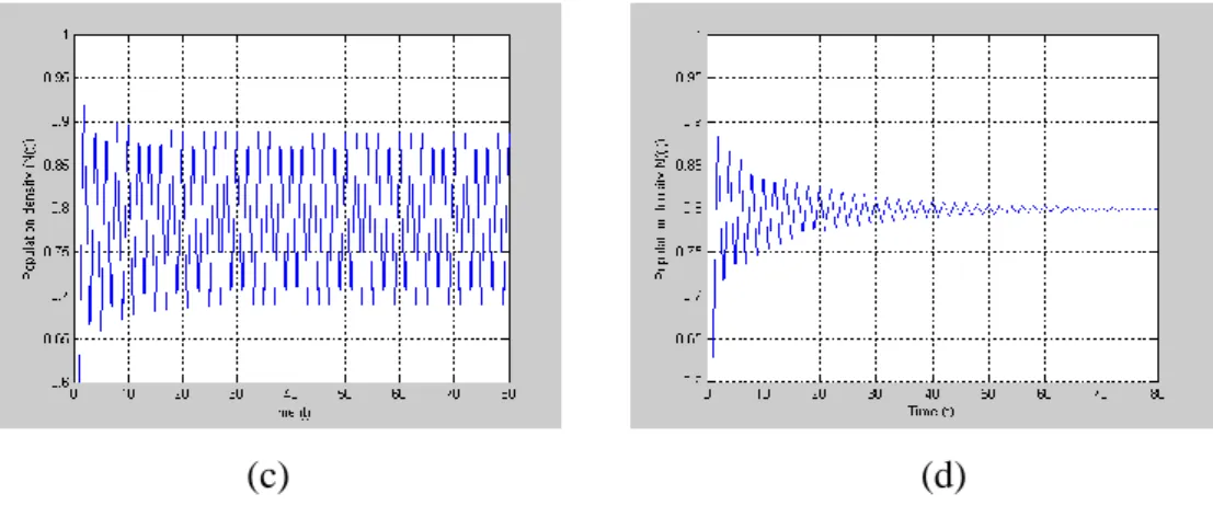 ġekil 4.2. (a)  2.33  için (4.21) modelinin yoğunluk-zaman grafiği                   (b)  * 2.9190  için (4.22) modelinin yoğunluk-zaman grafiği                   (c)  2 