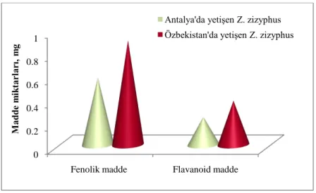 ġekil 4.3. Farklı yerlerden elde edilen ekstraktlar incelendiğinde toplam fenolik ve flavonoid madde miktarlarına  ilişkin sütun grafiği 