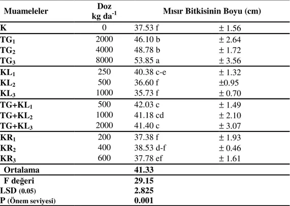 Çizelge 4.4. Muamelelerin Boy Uzunlukları ve LSD Grupları 