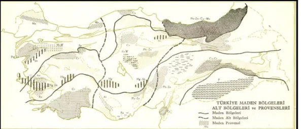 Şekil 1.6. Türkiye maden bölgelerini gösterir harita (MTA, 2000). 