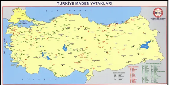 Şekil 1.10. Türkiye Maden Yatakları bölgelerini gösterir harita (MTA, 2000)  1.3. Madencilik Sektörünün Türkiye Ekonomisindeki Yeri 