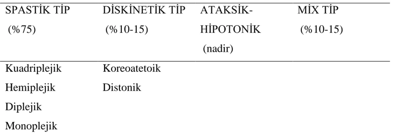 Çizelge 1.2 SP‟nin motor bozukluğun vücuttaki dağılımına göre yapılan sınıflaması  SPASTĠK TĠP   (%75)  DĠSKĠNETĠK TĠP  (%10-15)   ATAKSĠK-HĠPOTONĠK   (nadir)  MĠX TĠP   (%10-15)  Kuadriplejik  Hemiplejik  Diplejik  Monoplejik  Koreoatetoik Distonik  Anato