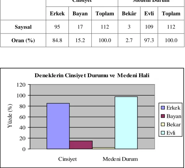 Grafik 5.1.  Anket yapılan deneklerin cinsiyet durumu ve medeni halleri 