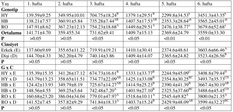 Çizelge 4.3.- Farklı erkek ve dişi broyler genotiplerinin haftalar itibarıyla kümülatif  yem tüketim değerleri ( x ± S x , g yem/piliç) 