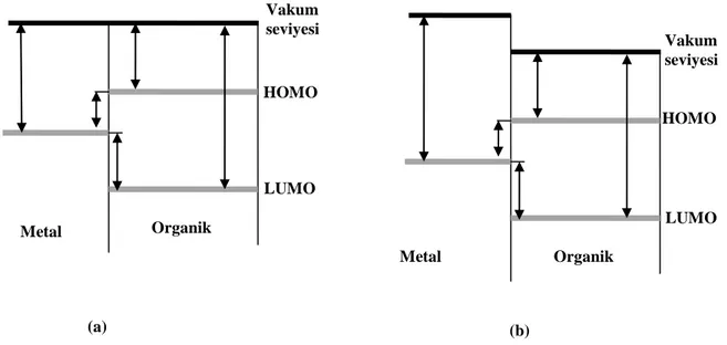 Şekil 2.6: Metal-organik ara yüzeyin enerji diyagramı. (a) ara yüzeyde dipol olmadığı ve vakum seviyesi  olduğu varsayımı, (b) ara yüzey dipolü ile