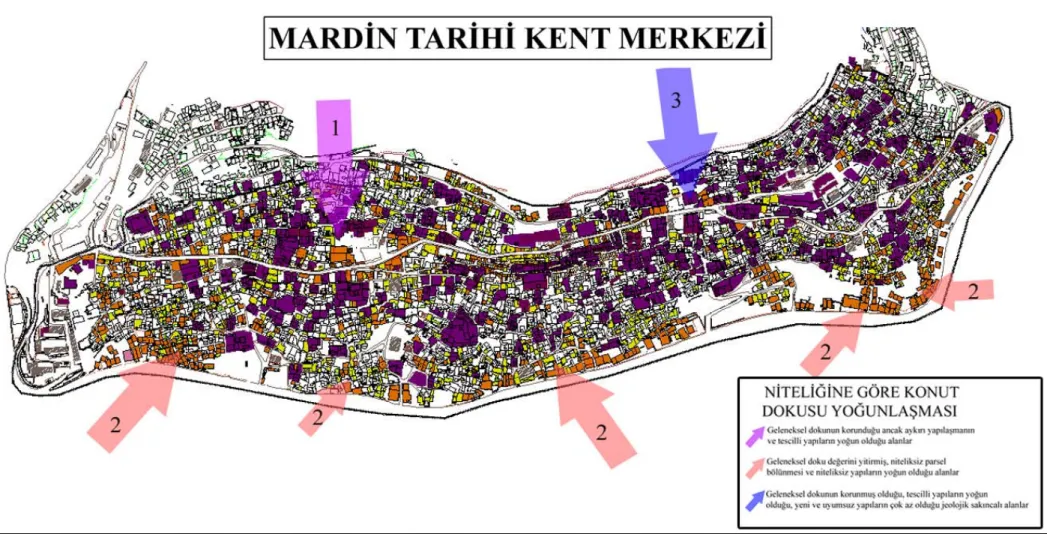 Şekil 4.6. Mardin tarihi kent merkezinde niteliğine göre konut dokusu yoğunlaşması (Orjinal, 2010) 