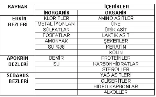 Çizelge 1.1. Parmak izi sıvısının içinde bulunan maddeler    