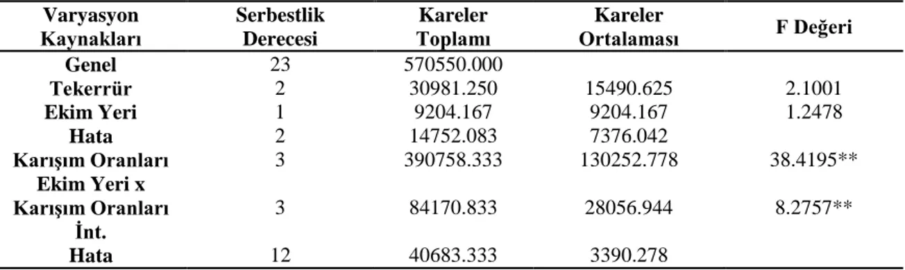 Çizelge 4.6. Farklı oranlardaki tahıl-baklagil karışımlarının değişik ekim yerlerindeki kuru ot verimlerine  ilişkin varyans analiz sonuçları 