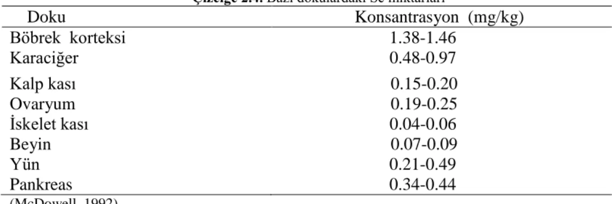 Çizelge 2.4. Bazı dokulardaki Se miktarları   
