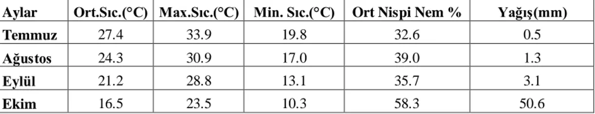 Çizelge 3.2. Araştırma alanın Temmuz-Ekim ayları arasında ortalama sıcaklık ve yağış miktarları