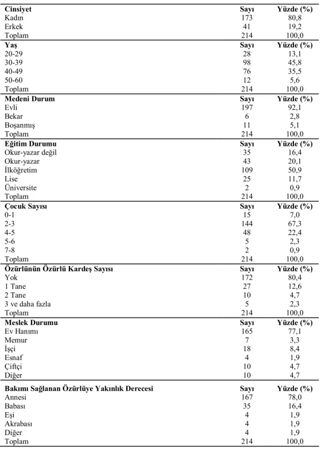 Çizelge 3. 1. Özürlünün bakımını birinci derecede üstlenen aile fertlerinin sosyo- sosyo-demografik özellikleri