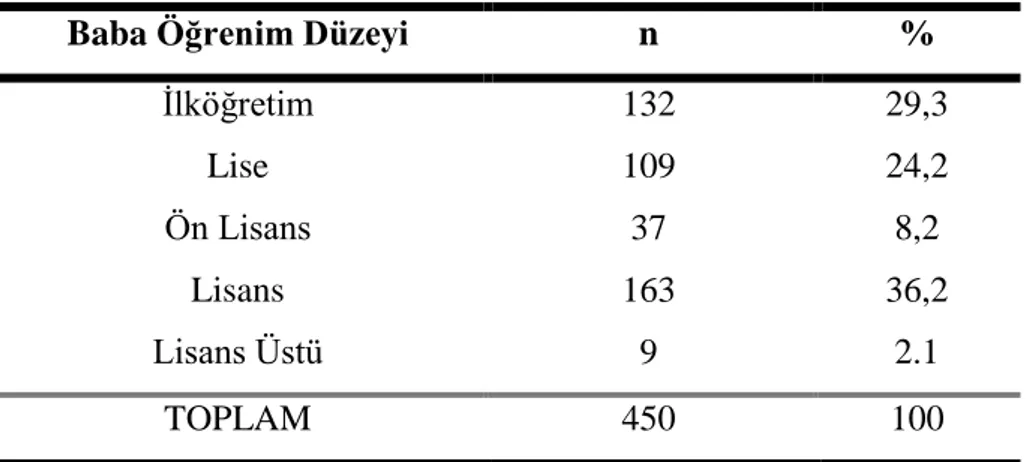 Tablo 3.4. Çocukların Baba Öğrenim Düzeyine Göre Dağılımı 