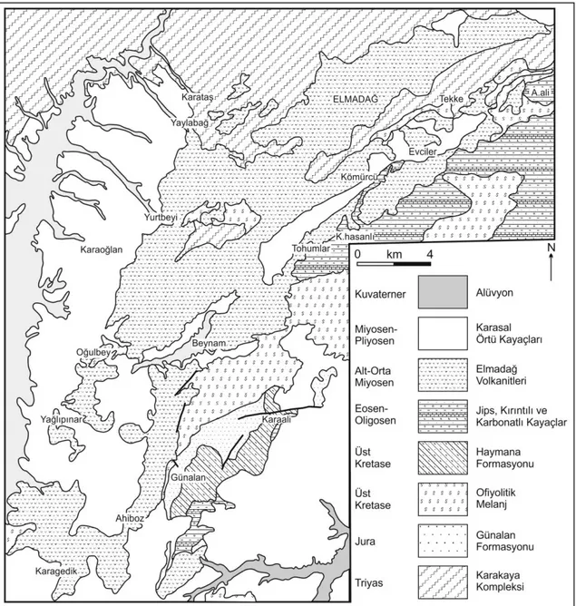 Şekil 4.1. Çalışma alanı ve çevresinin sadeleştirilmiş jeoloji haritası (Akyürek ve ark., 1997; 