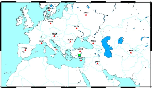 Şekil 5.4. Değerlendirmeye Dahil Edilen IGS İstasyonları ve Çalışma Bölgesi Haritası 