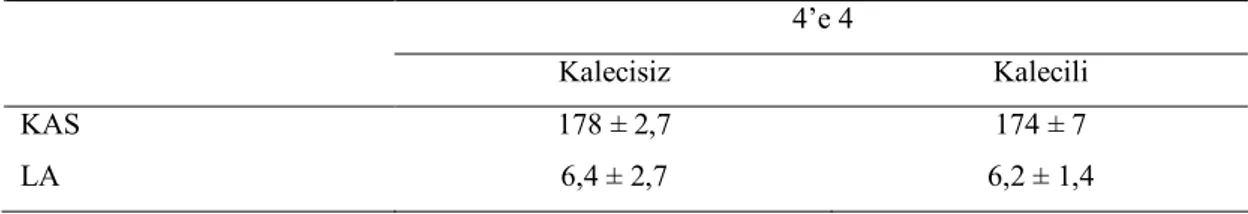 Çizelge  1.2.  Kalecili  ve  kalecisiz  4’e  4  dar  alan  oyunu  KAS  (atım/dk)  ve  LA  konsantrasyonu (mmol/L) (Sassi ve ark 2003)