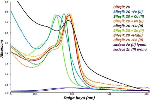 ġekil 5.1. Farklı metal iyonları varlığında BileĢik 20’nin absorpsiyon spektrumları 