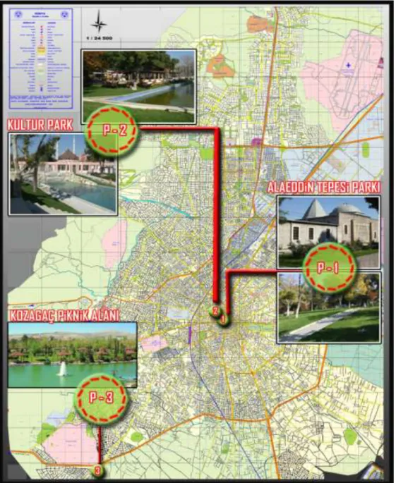 ġekil 3.1. AraĢtırma kapsamında yer alan kent parklarının Konya Ġli içerisindeki konumları 