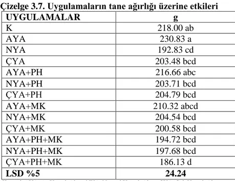 Çizelge  3.7’deki  verilere  göre,  yapılan  uygulamalarda  en  yüksek  tane  ağırlığı  230.83  g  ile  az  yaprak  alma  uygulamasından  elde  edilirken,  en  düşük  tane  ağırlığı  186.13  g  ile  çok  yaprak  alma+potasyum  humat+mikronize  kalsit  komb
