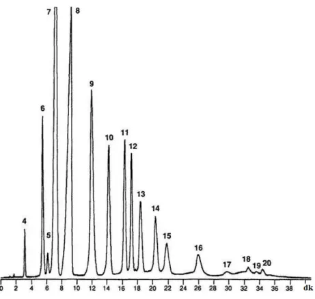 Şekil 1.3. Kaliks[n]arenlerin HPLC ile ayrılmasına ait kromatogram 