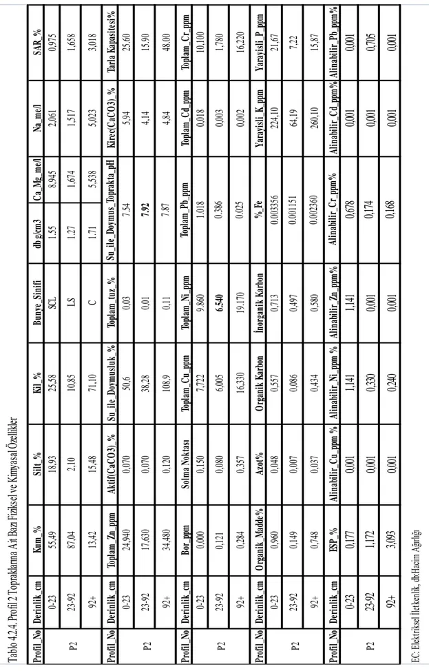 Tablo 4.2.4. Profil 2 Topraklarına Ait Bazı Fiziksel ve Kimyasal Özellikler 7.87 Toplam_Pb_ppm 1.018 0.386 0.025