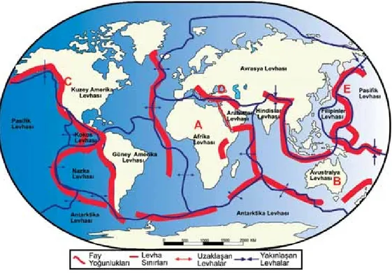 Şekil 1.3. Yeryüzündeki levhalar ve tektonik faylar (Anonim, 2012c)