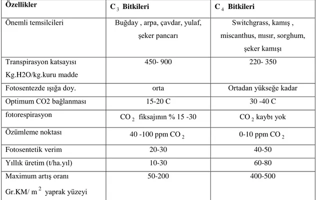 Çizelge 1.3. C 3  ve C 4  Bitkilerinin bazı karakteristikleri(Acaroğlu,2007). 