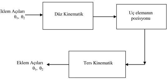 ġekil 4.1. Düz kinematik analiz ve ters kinematik analiz blog diyagramı Uç elemanın pozisyonu Ters Kinematik Düz Kinematik Eklem Açıları θ1, θ2 Eklem Açıları θ1, θ2 