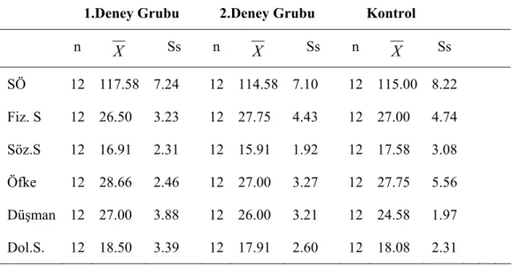 Tablo 7: Gruplarının Saldırganlık Ölçeği Toplam ve Alt Ölçekler Ön Ölçüm  Puanlarının Aritmetik Ortalama ve Standart Sapma Değerleri 