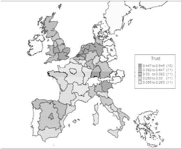 Şekil 2.3   Genel olarak insanlara güven oranının Avrupa haritasında gösterimi  (Schaik, 2002) 