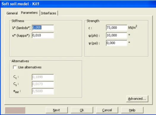 Şekil 3.16. Soft-Soil model Kil-1 tabakası parametre özellikleri 