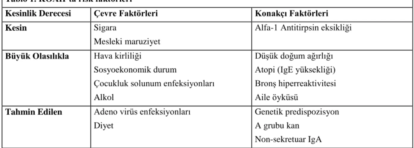 Tablo 1. KOAH’ta risk faktörleri 