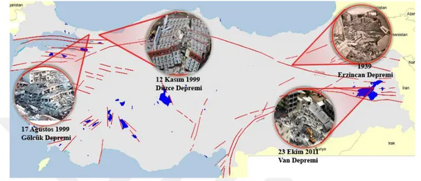 Şekil 2.11. Türkiye’de yaşanmış depremlerin fay hattı haritası üzerinde gösterimi 