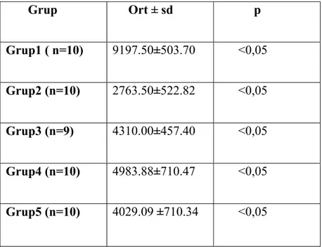 Tablo 4.  Kanda Lökosit Değerlerinin Karşılaştırılması         Grup       Ort ± sd             p  Grup1 ( n=10)  9197.50±503.70        &lt;0,05  Grup2 (n=10)  2763.50±522.82        &lt;0,05  Grup3 (n=9)  4310.00±457.40        &lt;0,05  Grup4 (n=10)  4983.8