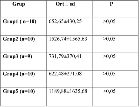 Tablo 6. Kanda Glutatyon Peroksidaz Değerlerinin karşılaştırılması         Grup       Ort ± sd             P  Grup1 ( n=10)  652,65±430,25        &gt;0,05  Grup2 (n=10)  1526,74±1565,63        &gt;0,05  Grup3 (n=9)  731,79±370,41        &gt;0,05  Grup4 (n=