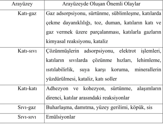 Tablo 2.1. Değişik Ara Yüzeylerde Meydana Gelen Adsorpsiyon Türleri                       (Aydın, 1983)